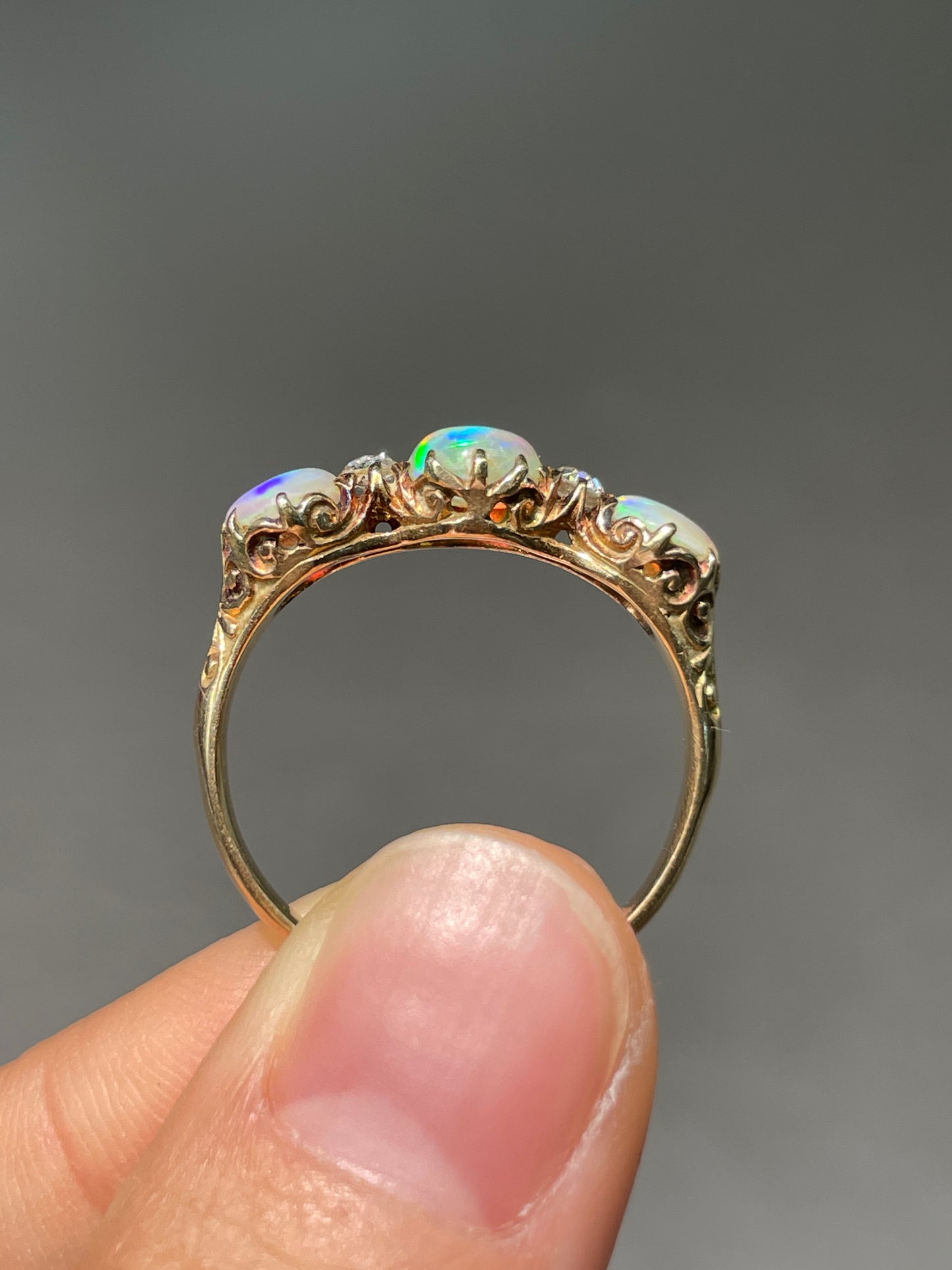 Antique 14K Gold Opal Diamond Three Stone Ring