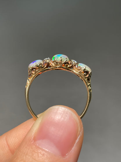 Antique 14K Gold Opal Diamond Three Stone Ring