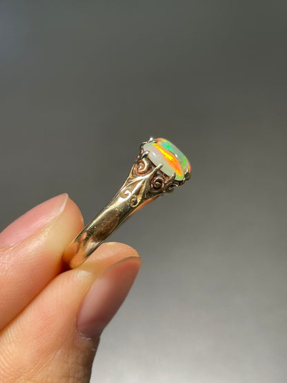 Antique 14K Gold Opal Diamond Three Stone Ring