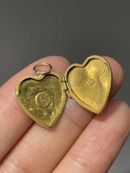 Vintage 14K Gold Diamond Starburst Heart Locket Pendant
