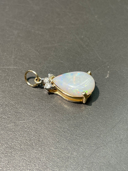 Vintage 14K Yellow Gold Opal Diamond Drop Charm Pendant MM