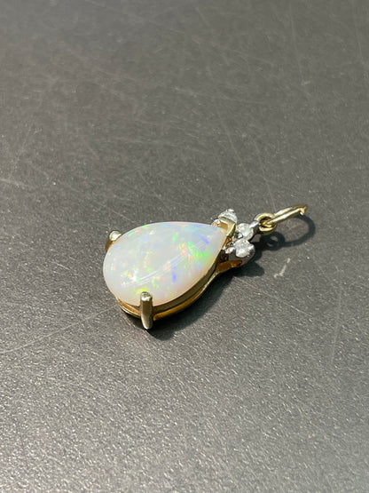 Vintage 14K Yellow Gold Opal Diamond Drop Charm Pendant MM
