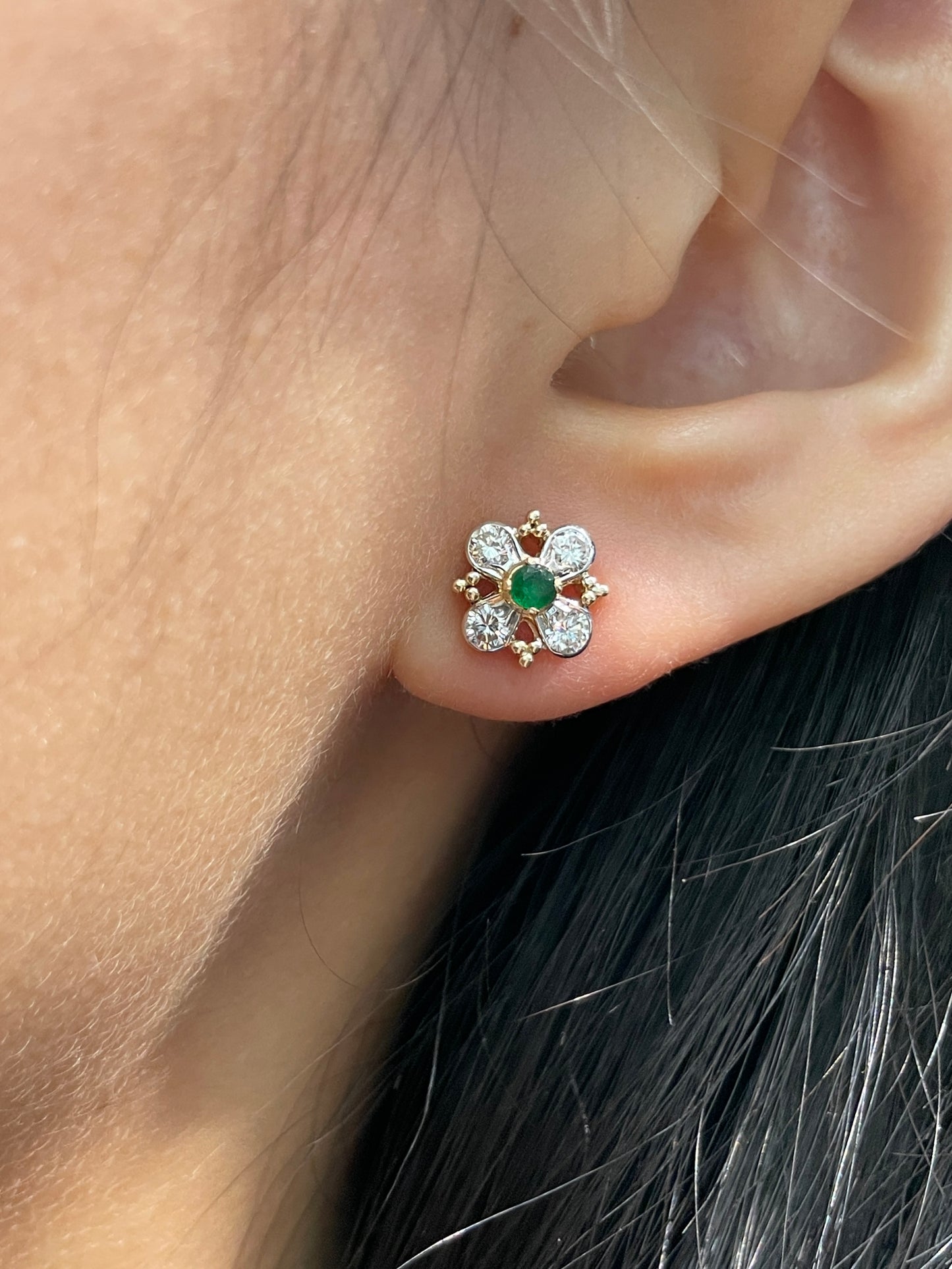 14K Gold Diamond Emerald Flower Cluster Earring