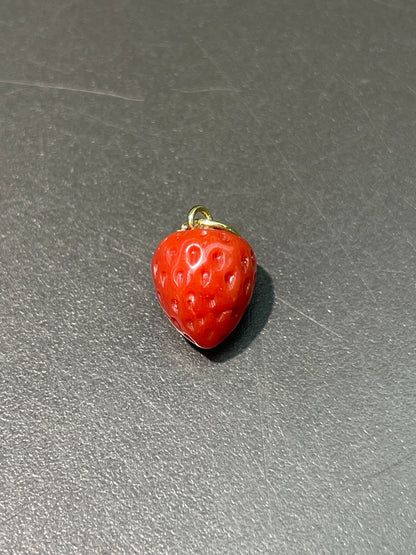 18K Gold Small Hand-Carved Coral Strawberry Charm