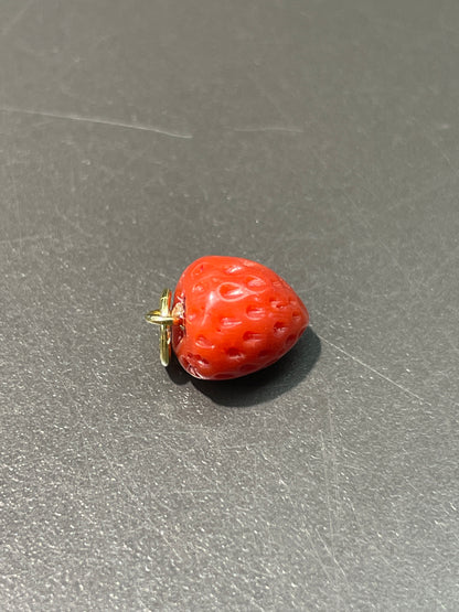 18K Gold Small Hand-Carved Coral Strawberry Charm