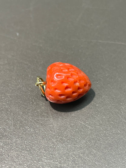 18K Gold Large Hand-Carved Coral Strawberry Charm