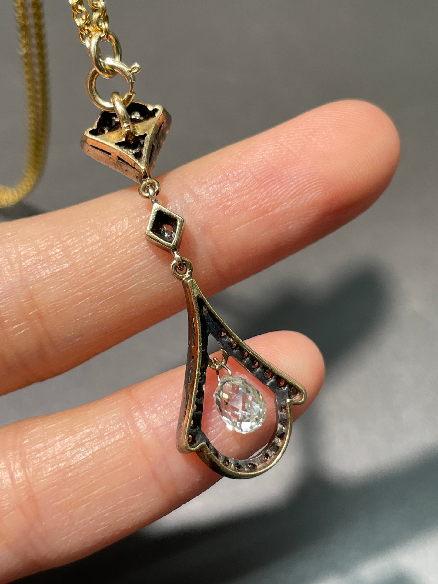 Antique 14K Gold Topped Silver Briollette Diamond Pendant