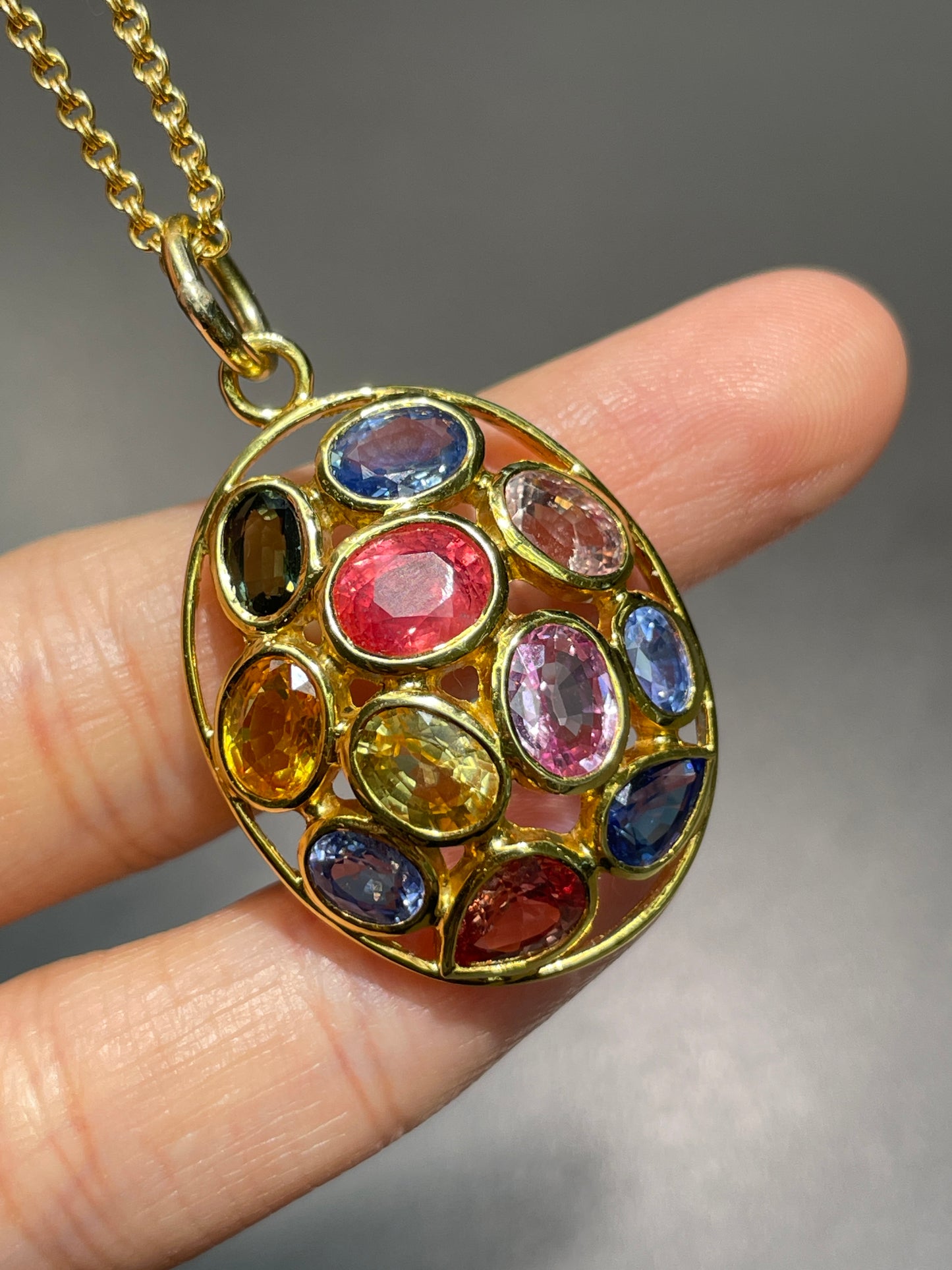 18K Gold Multi Color Sapphire Cluster Pendant