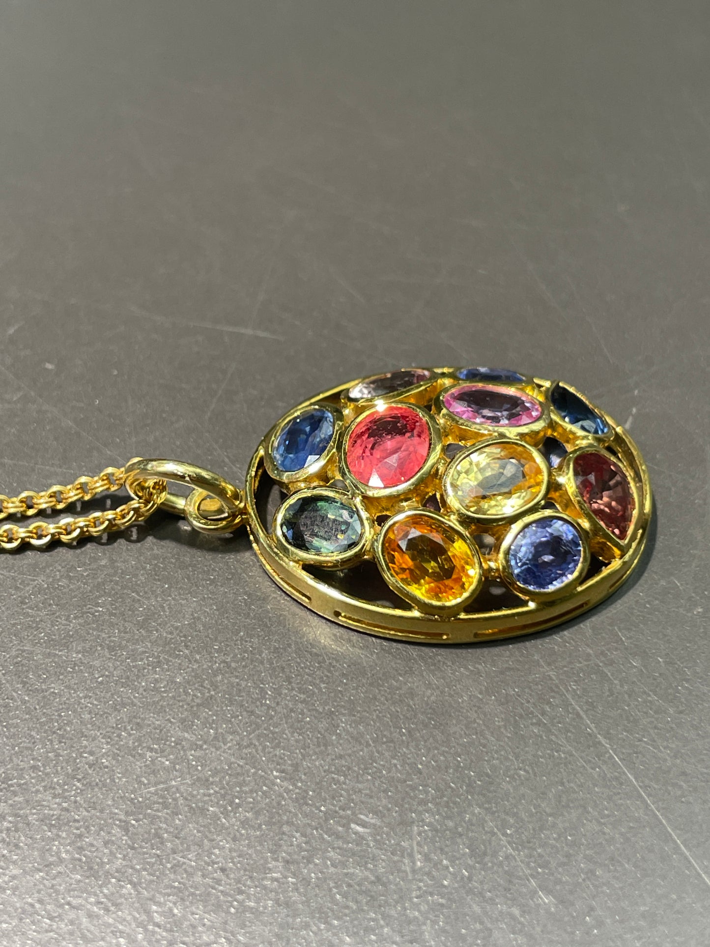 18K Gold Multi Color Sapphire Cluster Pendant