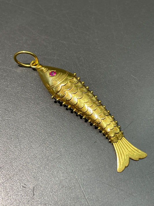 Vintage 22K Gold Large Ruby Articulating Fish Pendant
