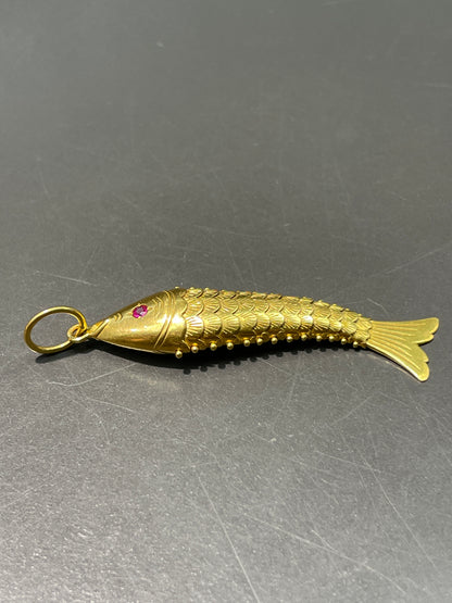Vintage 22K Gold Large Ruby Articulating Fish Pendant
