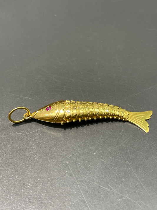 Vintage 22K Gold Large Ruby Articulating Fish Pendant