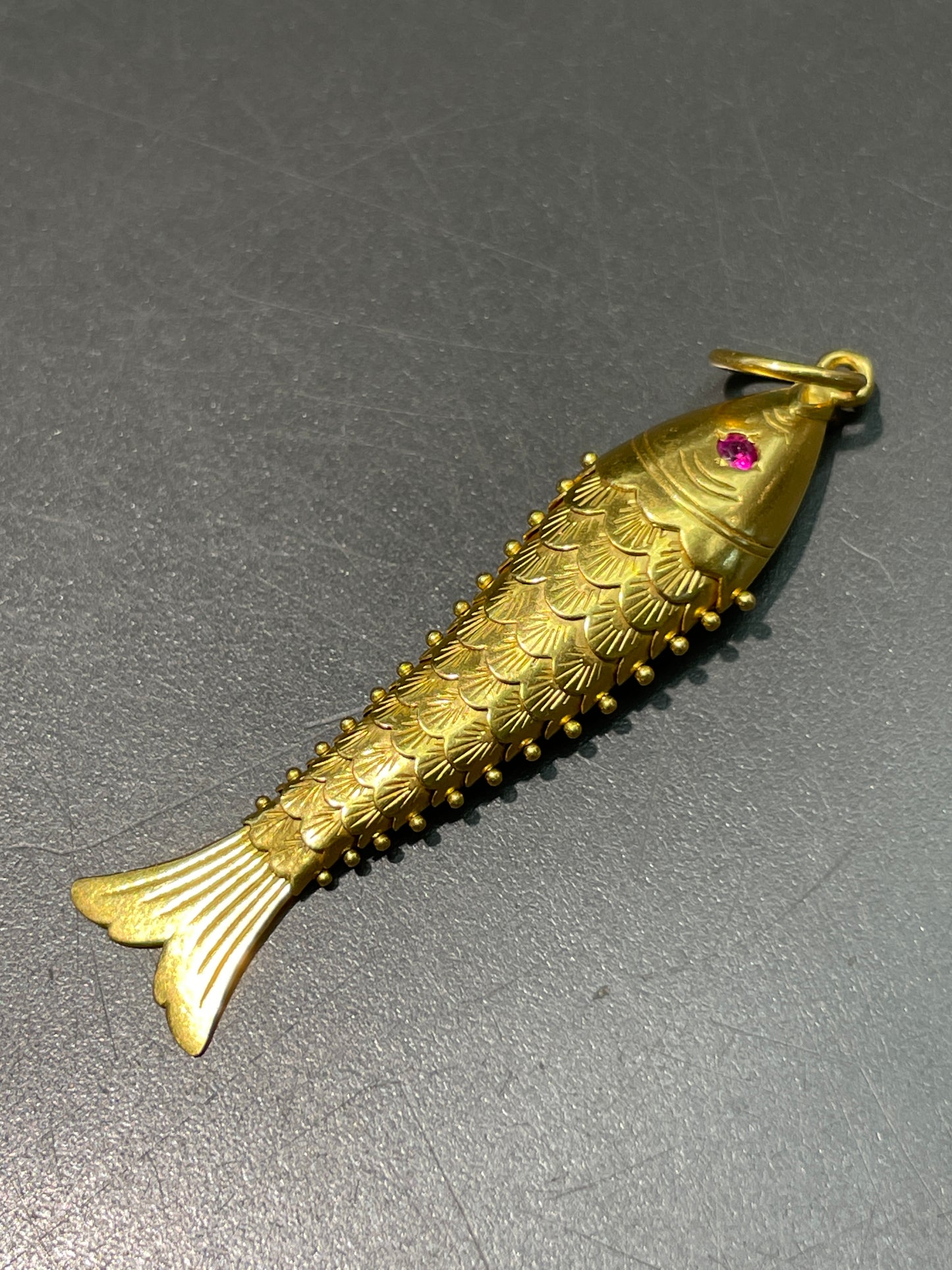 Vintage 22K Gold Large Ruby Articulating Fish Pendant