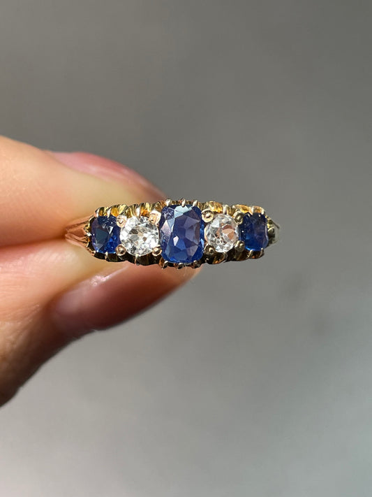 Antique Edwardian 14K Yellow Gold Five Stone 0.96 CTW Sapphire Ring