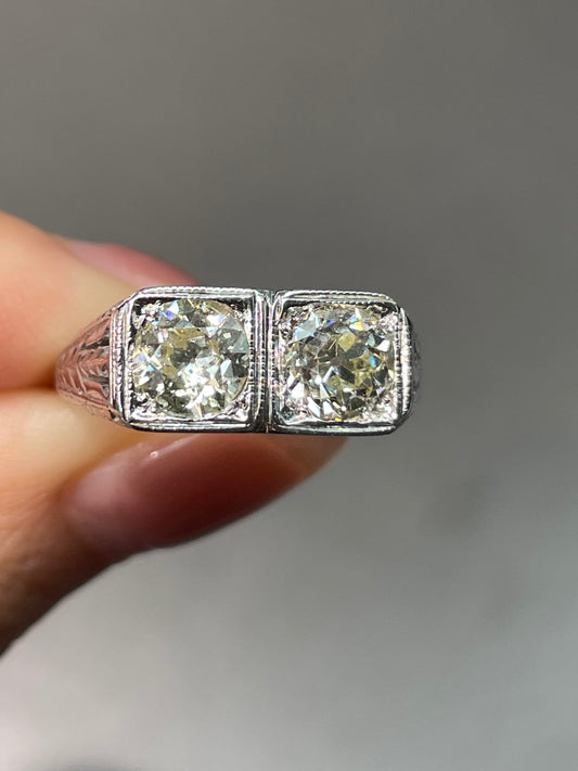 Antique Edwardian 18K White Gold 1.64 CTW Diamond Toi Et Moi Ring