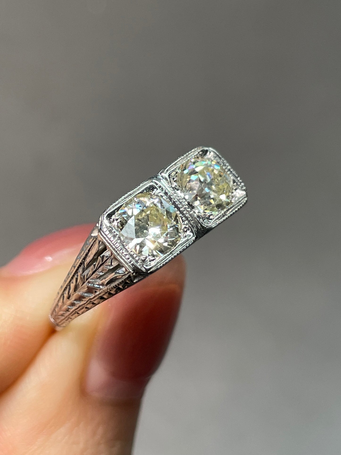 Antique Edwardian 18K White Gold 1.64 CTW Diamond Toi Et Moi Ring