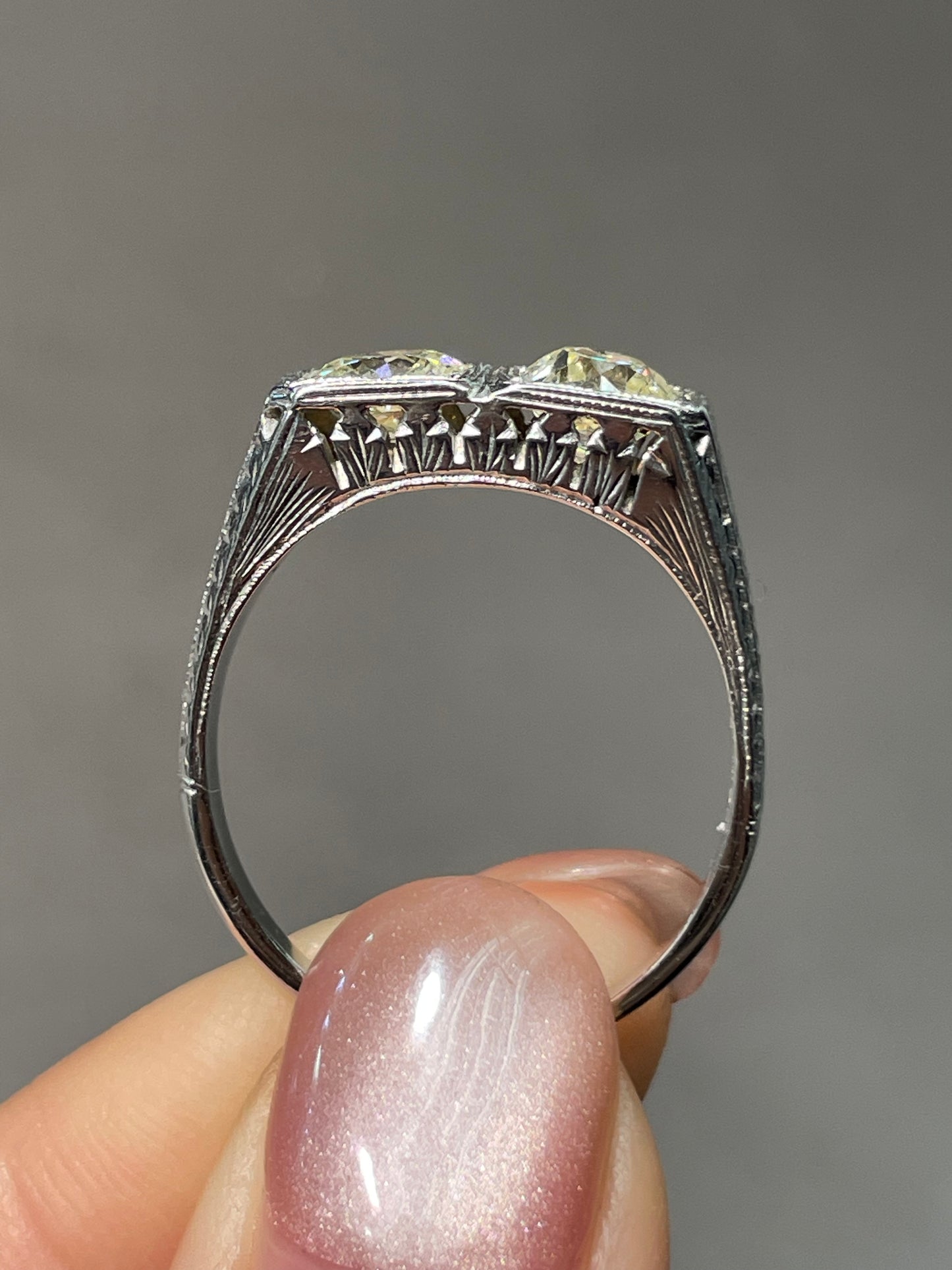 Antique Edwardian 18K White Gold 1.64 CTW Diamond Toi Et Moi Ring