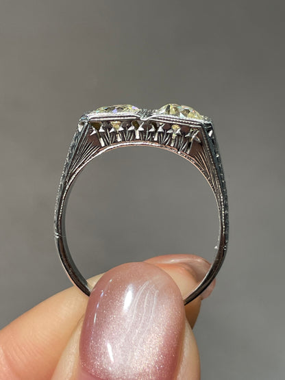 Antique Edwardian 18K White Gold 1.64 CTW Diamond Toi Et Moi Ring