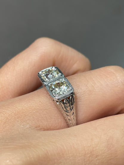 Antique Edwardian 18K White Gold 1.64 CTW Diamond Toi Et Moi Ring