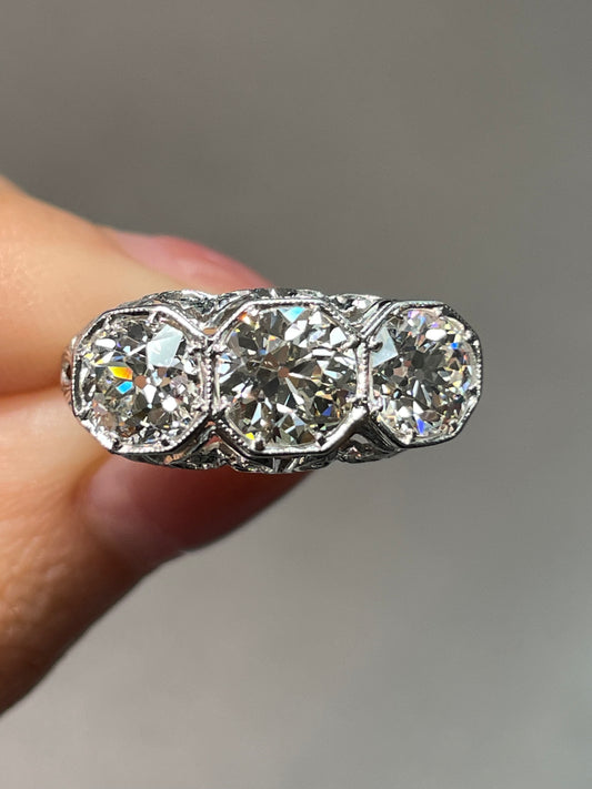 Antique Edwardian Platinum Gold 3.03 CTW Three Stone Diamond Ring