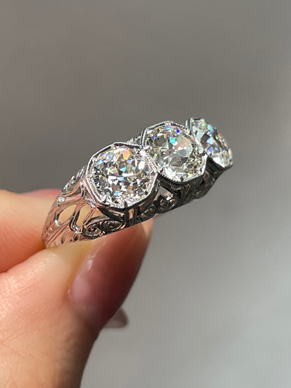 Antique Edwardian Platinum Gold 3.03 CTW Three Stone Diamond Ring