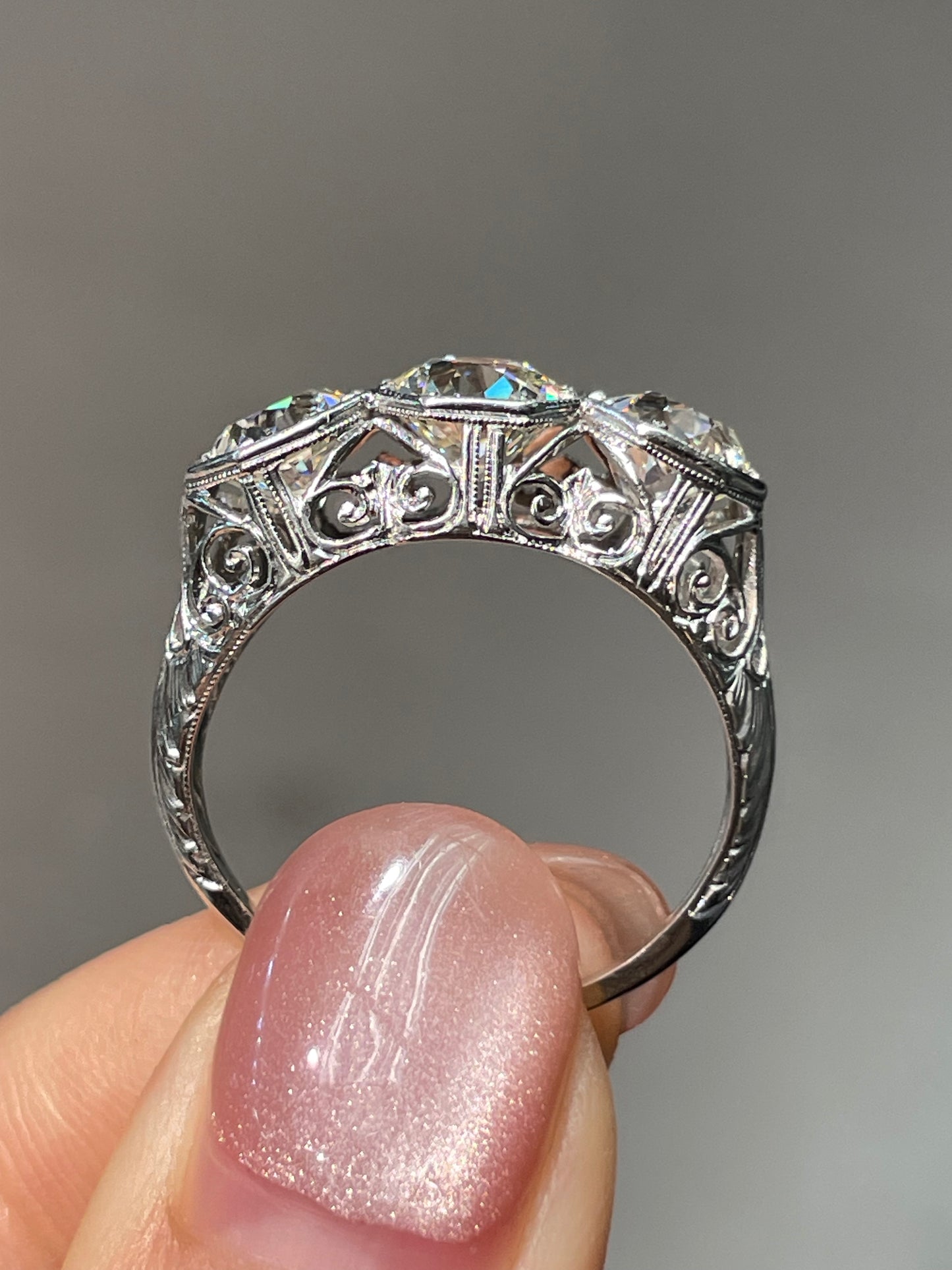 Antique Edwardian Platinum Gold 3.03 CTW Three Stone Diamond Ring