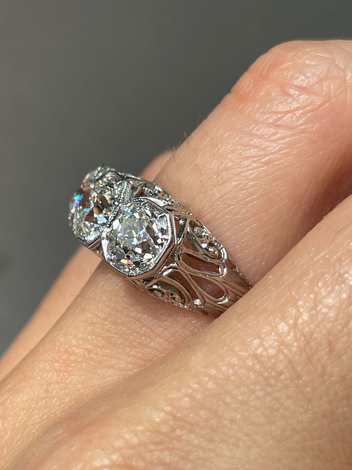 Antique Edwardian Platinum Gold 3.03 CTW Three Stone Diamond Ring