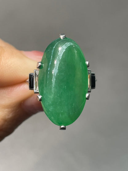 Antique Art Deco GIA Platinum Jade Cabochon Diamond Onyx Ring