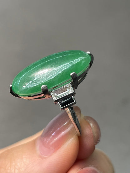 Antique Art Deco GIA Platinum Jade Cabochon Diamond Onyx Ring
