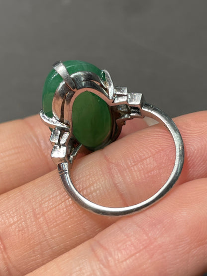 Antique Art Deco GIA Platinum Jade Cabochon Diamond Onyx Ring