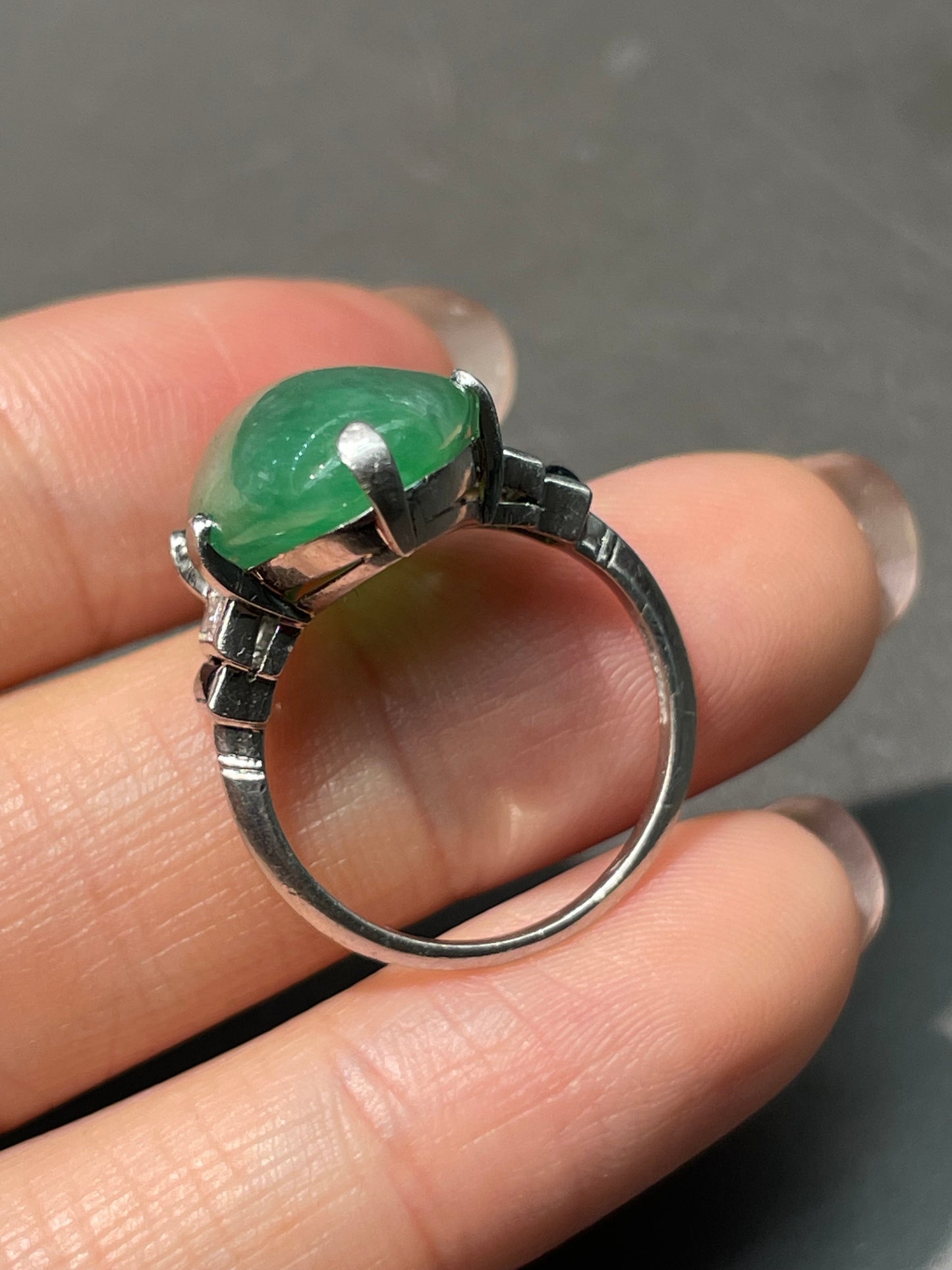 Antique Art Deco GIA Platinum Jade Cabochon Diamond Onyx Ring