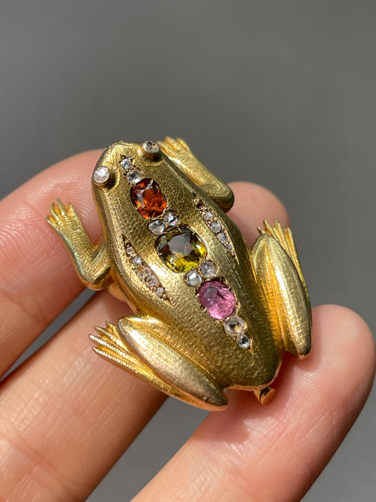 Antique 18K Gold Tourmaline Diamond Frog Pendant Brooch