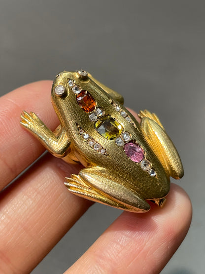 Antique 18K Gold Tourmaline Diamond Frog Pendant Brooch