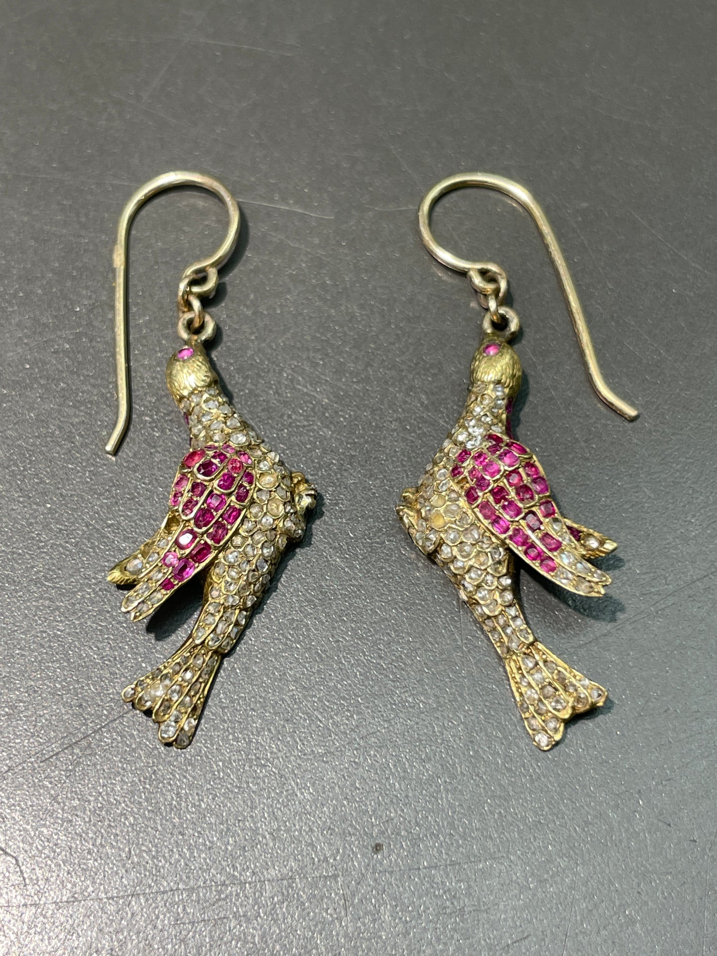 Antique 14K Gold Ruby Diamond Bird Drop Earring