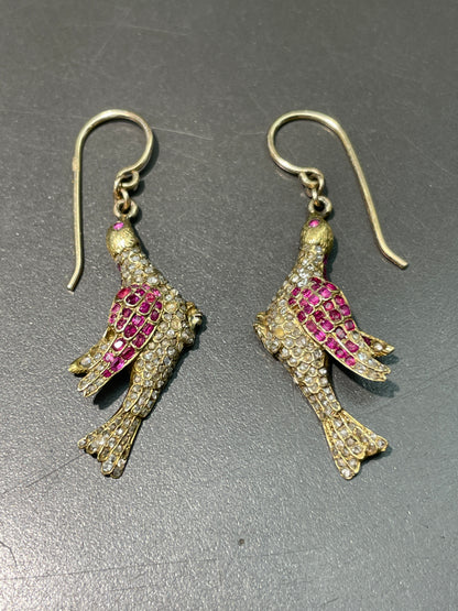 Antique 14K Gold Ruby Diamond Bird Drop Earring