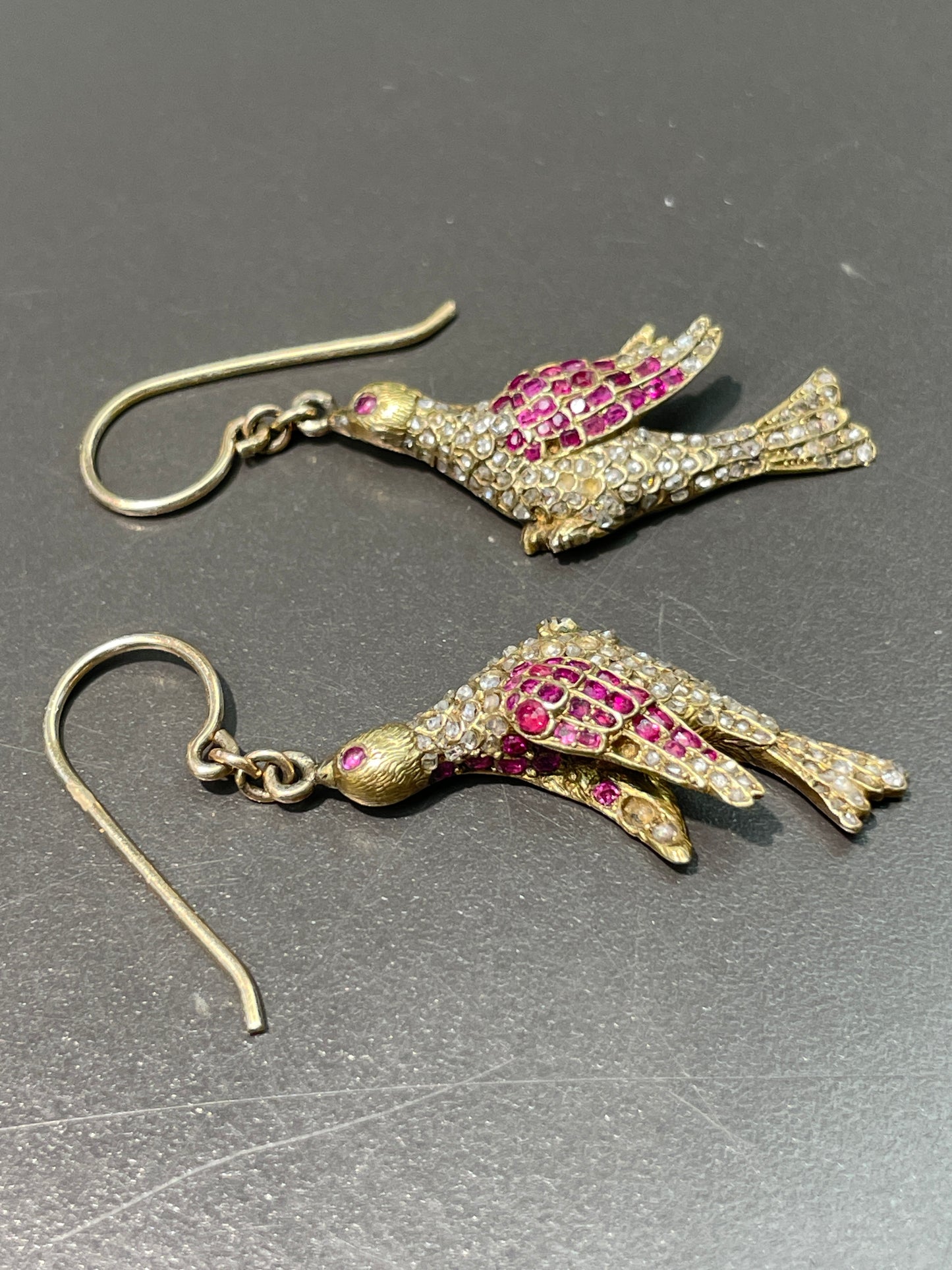 Antique 14K Gold Ruby Diamond Bird Drop Earring