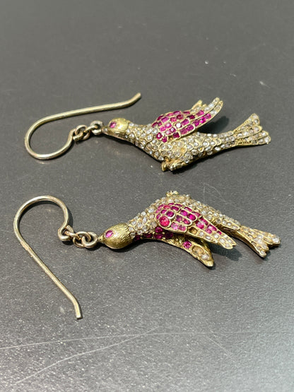 Antique 14K Gold Ruby Diamond Bird Drop Earring
