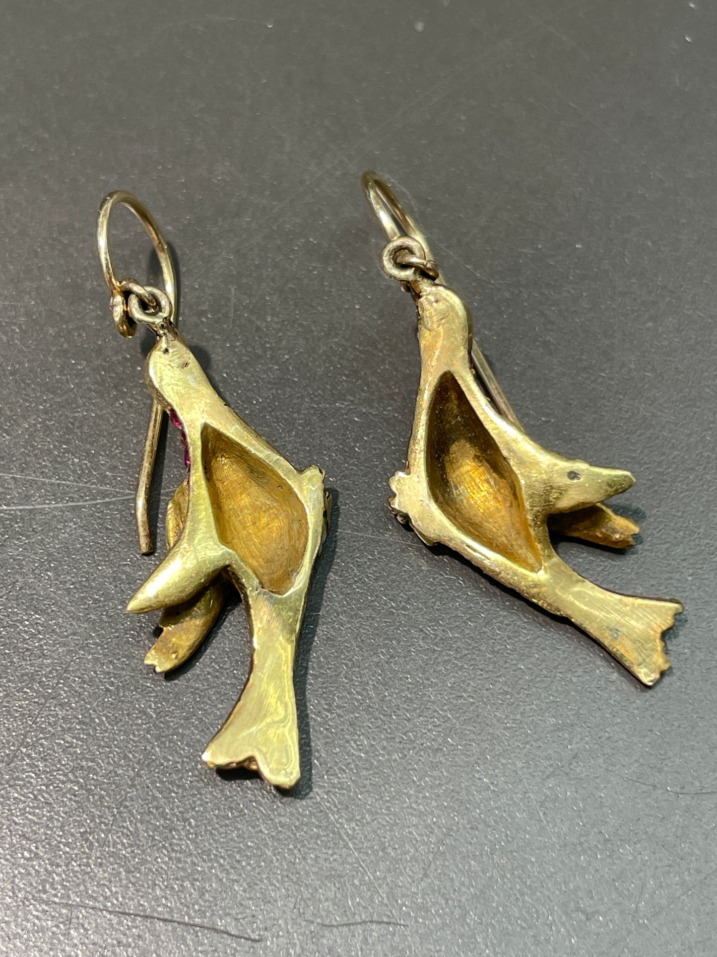 Antique 14K Gold Ruby Diamond Bird Drop Earring