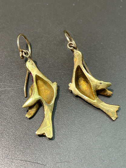 Antique 14K Gold Ruby Diamond Bird Drop Earring