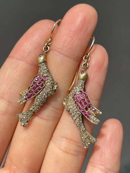 Antique 14K Gold Ruby Diamond Bird Drop Earring