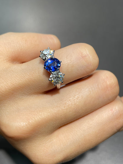 Antique Unheated Ceylon Sapphire Old European Cut Diamond Three Stone Ring