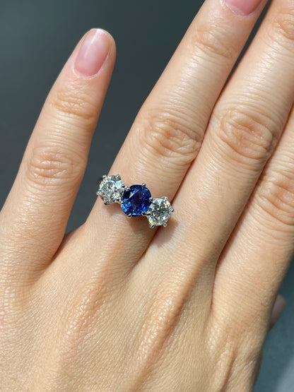 Antique Unheated Ceylon Sapphire Old European Cut Diamond Three Stone Ring