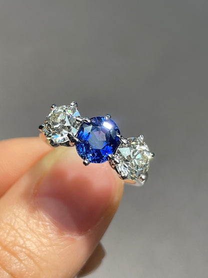 Antique Unheated Ceylon Sapphire Old European Cut Diamond Three Stone Ring