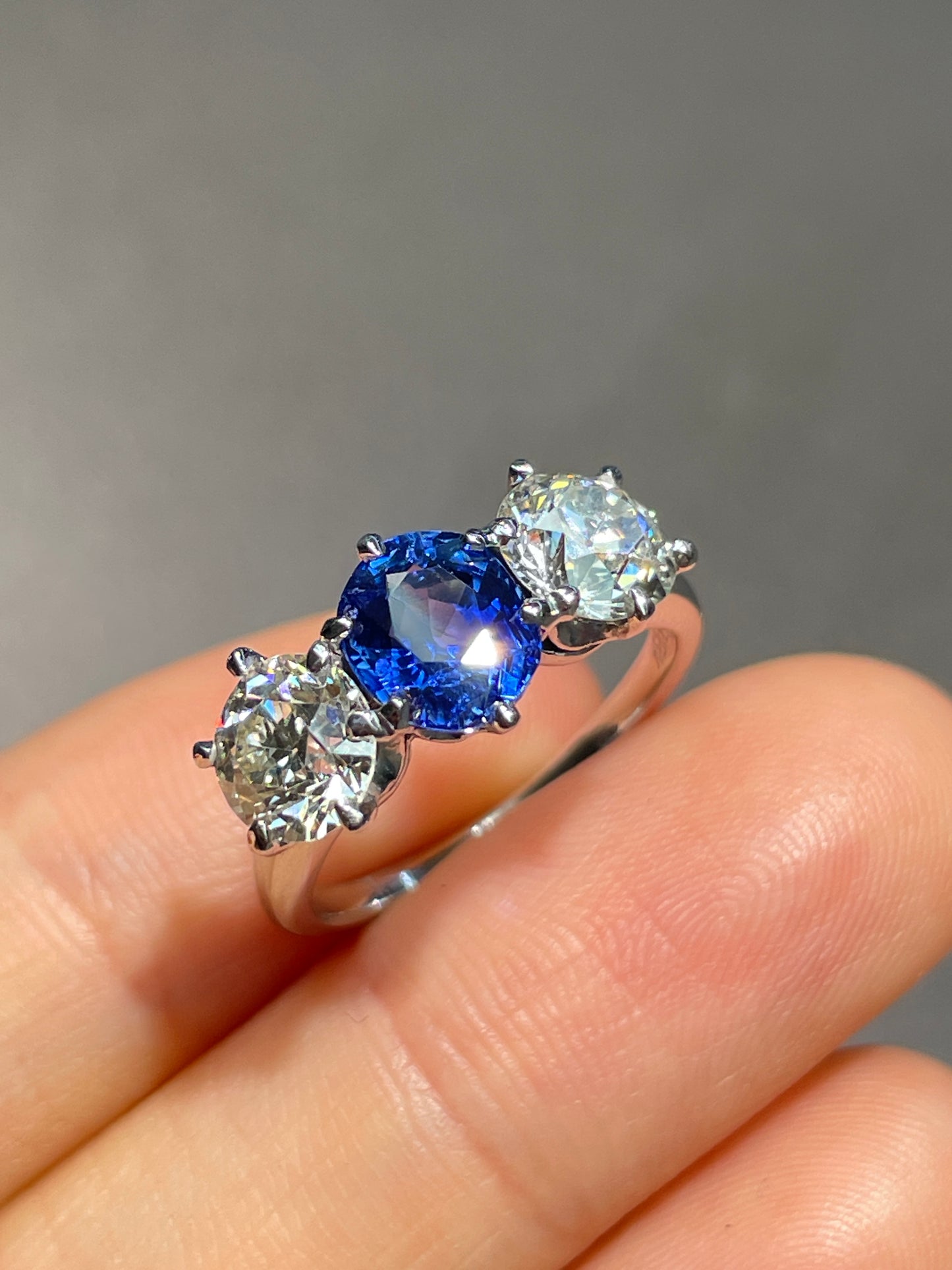 Antique Unheated Ceylon Sapphire Old European Cut Diamond Three Stone Ring