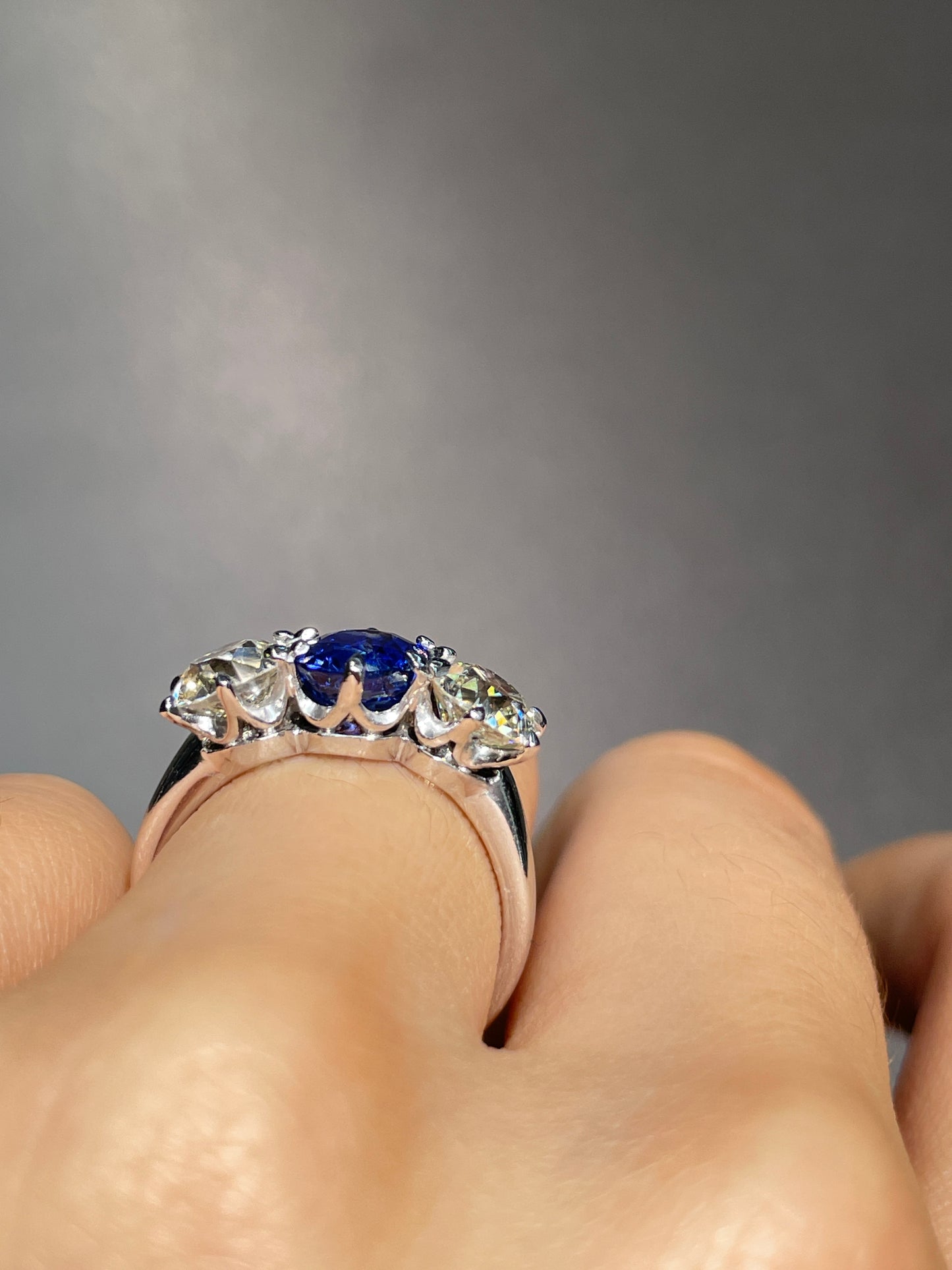 Antique Unheated Ceylon Sapphire Old European Cut Diamond Three Stone Ring