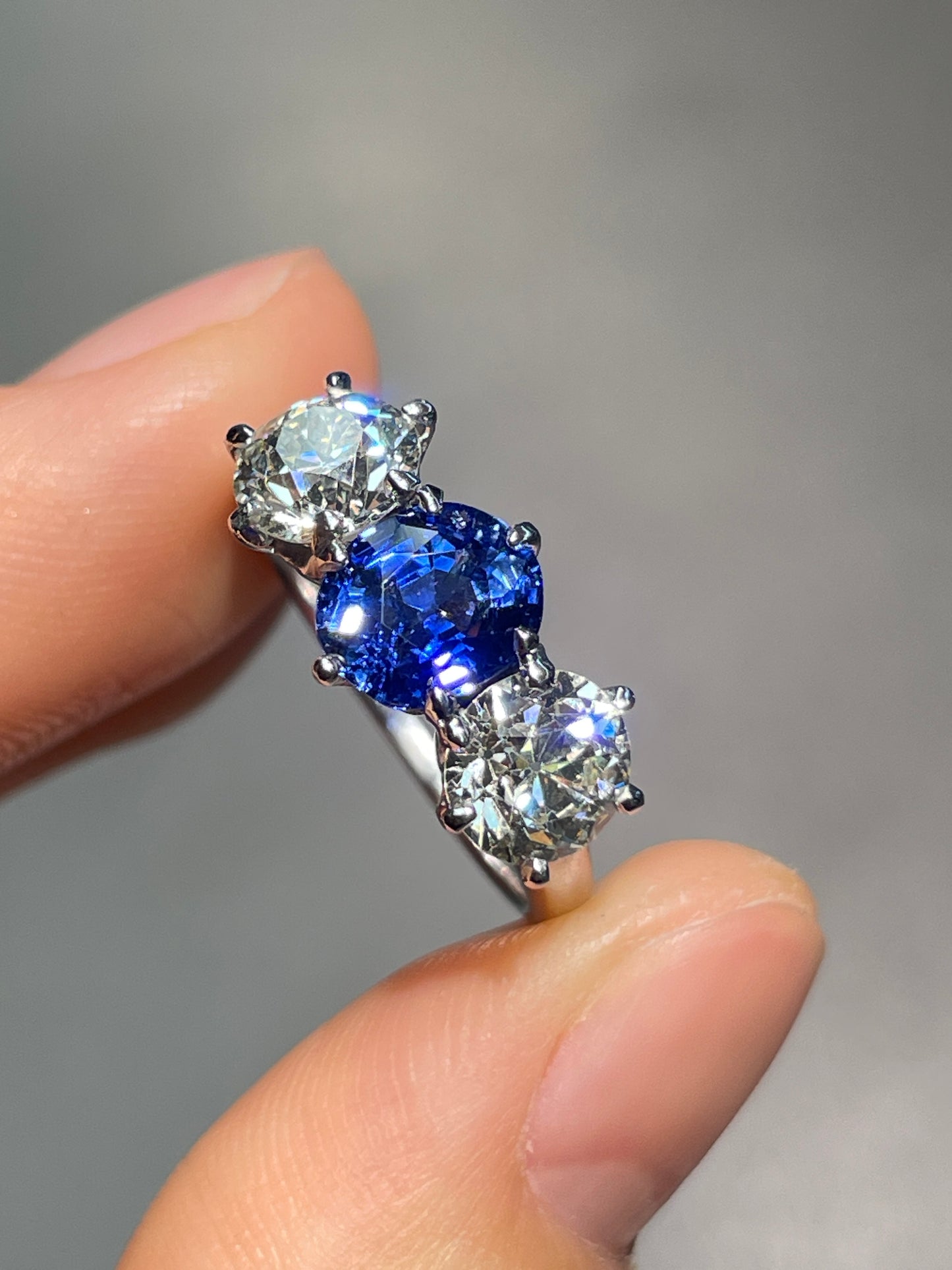 Antique Unheated Ceylon Sapphire Old European Cut Diamond Three Stone Ring