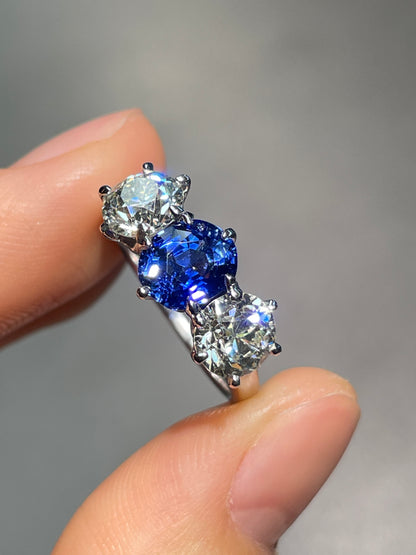 Antique Unheated Ceylon Sapphire Old European Cut Diamond Three Stone Ring