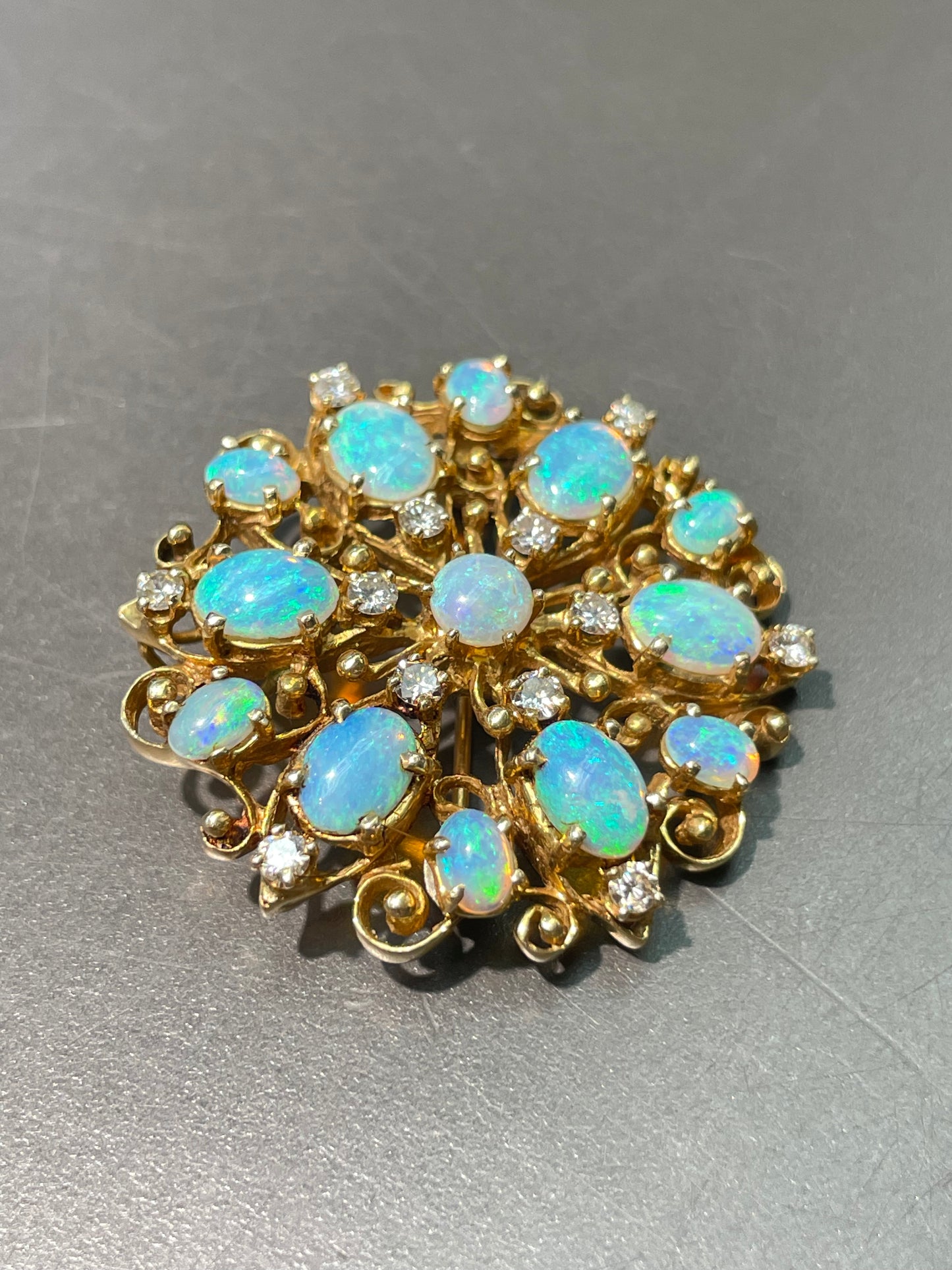 Vintage 14K Yellow Gold Opal Diamond Cluster Pendant Brooch