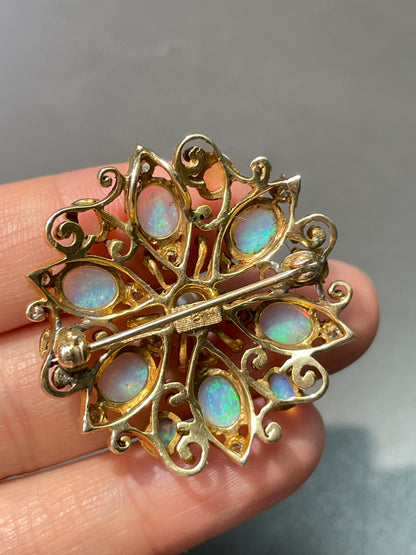 Vintage 14K Yellow Gold Opal Diamond Cluster Pendant Brooch
