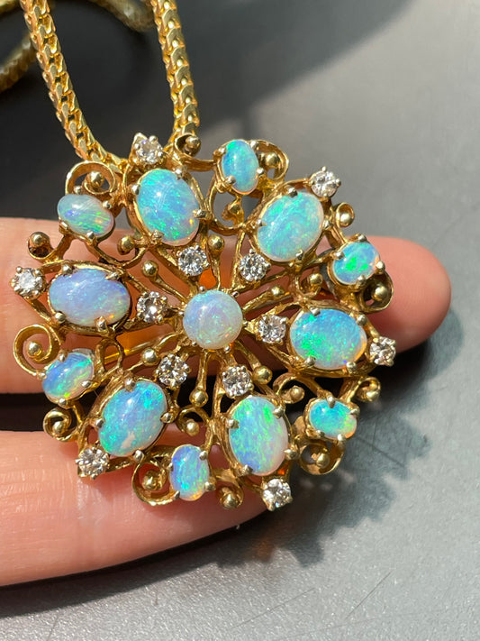 Vintage 14K Yellow Gold Opal Diamond Cluster Pendant Brooch